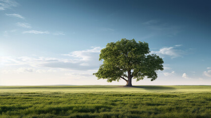 A single tree stands in the middle of a large field, its leaves rustling in the wind