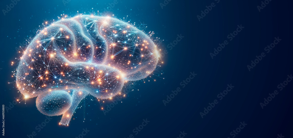 Poster Human brain with glowing particles. Artificial intelligence concept. Generative AI