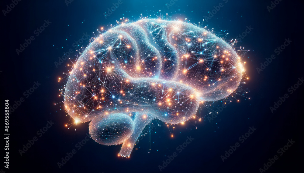 Poster Human brain with glowing particles. Artificial intelligence concept. Generative AI