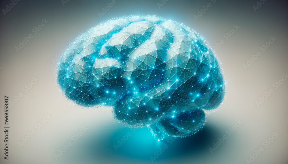 Poster low poly human brain on a blue background. machine learning concept. generative ai