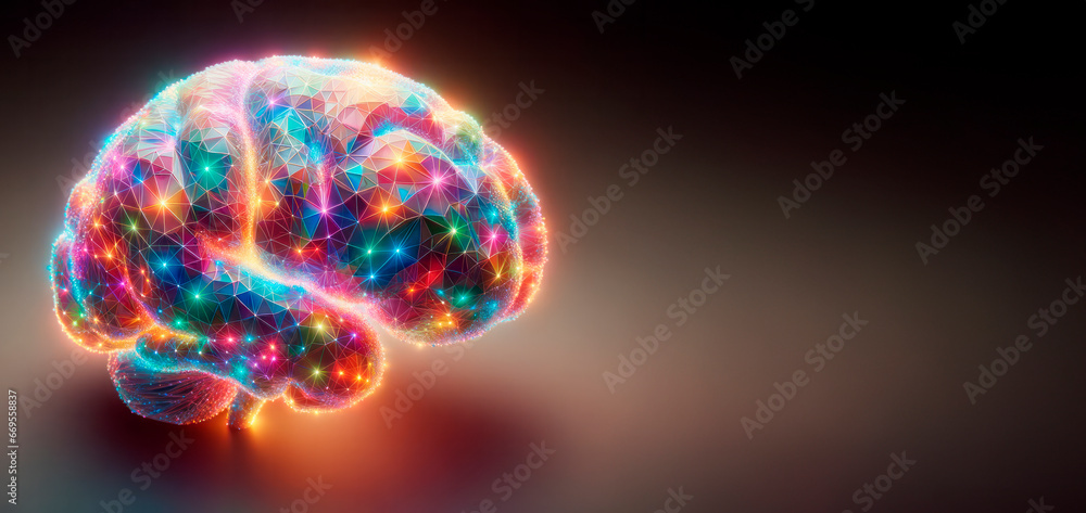 Poster low poly human brain with glowing colorful dots and lines. artificial intelligence concept. generati