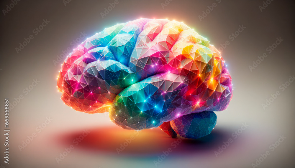 Poster Human brain with colorful low poly gradient background. Neural network concept. Generative AI
