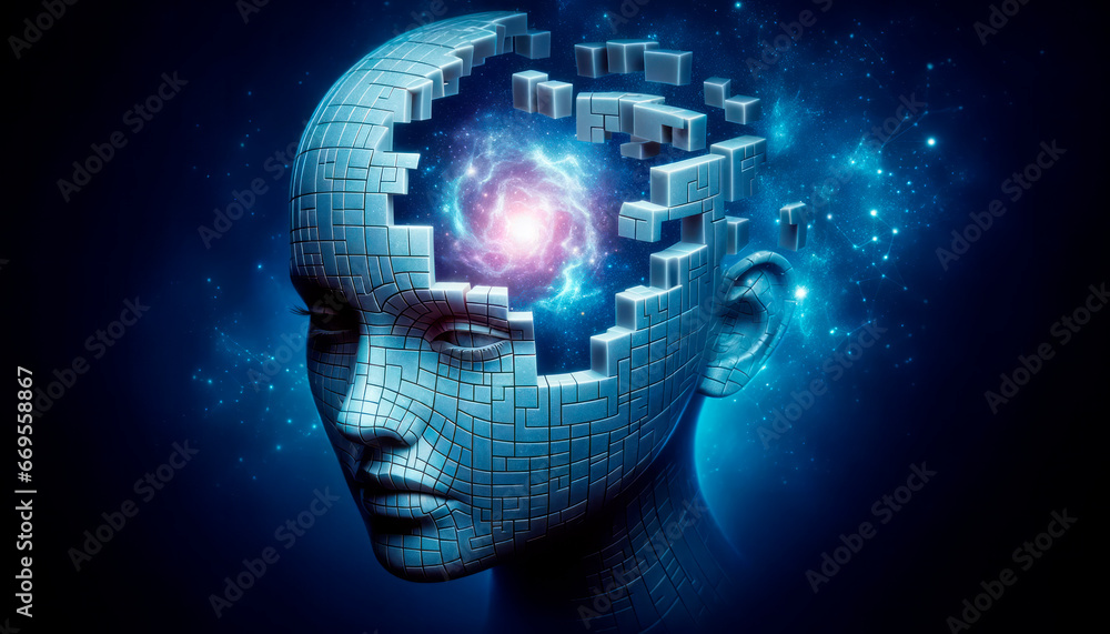 Poster cyborg head with digital brain on dark background. generative ai