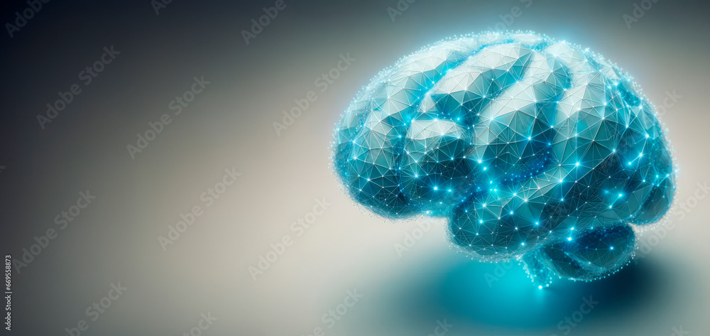 Poster low poly human brain on a blue background. machine learning concept. generative ai