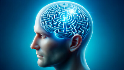 human head with brain and maze over blue background. Generative AI