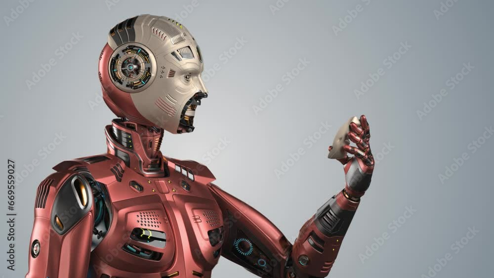 Poster very detailed futuristic robot man or humanoid cyborg removes his mouth mask showing vey complex mec