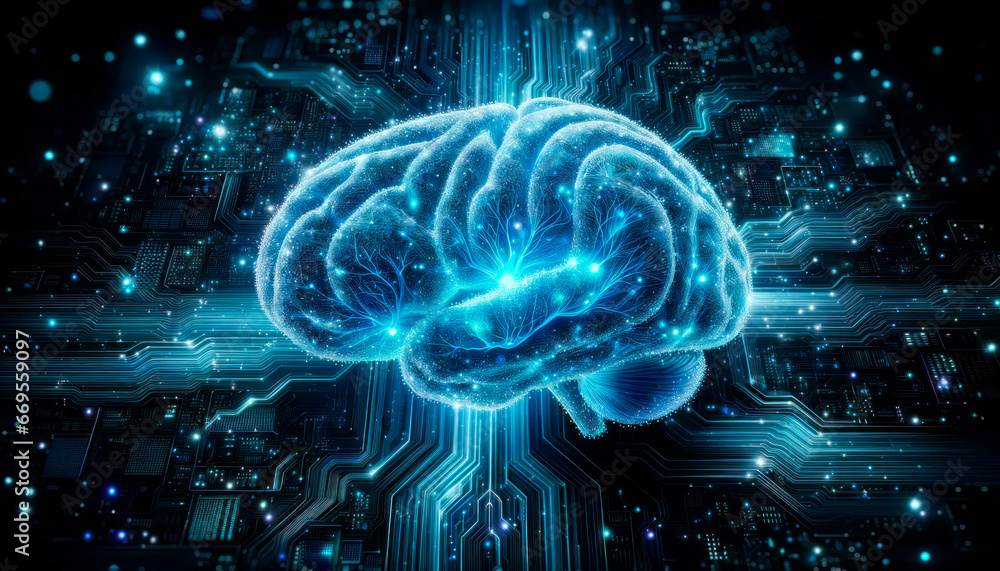 Poster human brain with circuit board background. artificial intelligence concept. generative ai