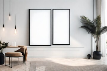 Poster mockup with vertical black frame in white wall 