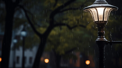 A single streetlight illuminating an empty street, rain dripping off the edges