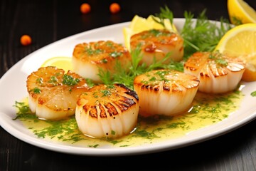 Luxury dish - grilled scallops with creamy espuma. Roasted scallop with cream sauce on plate. Delicacy seafood in restaurant menu - sea scallop