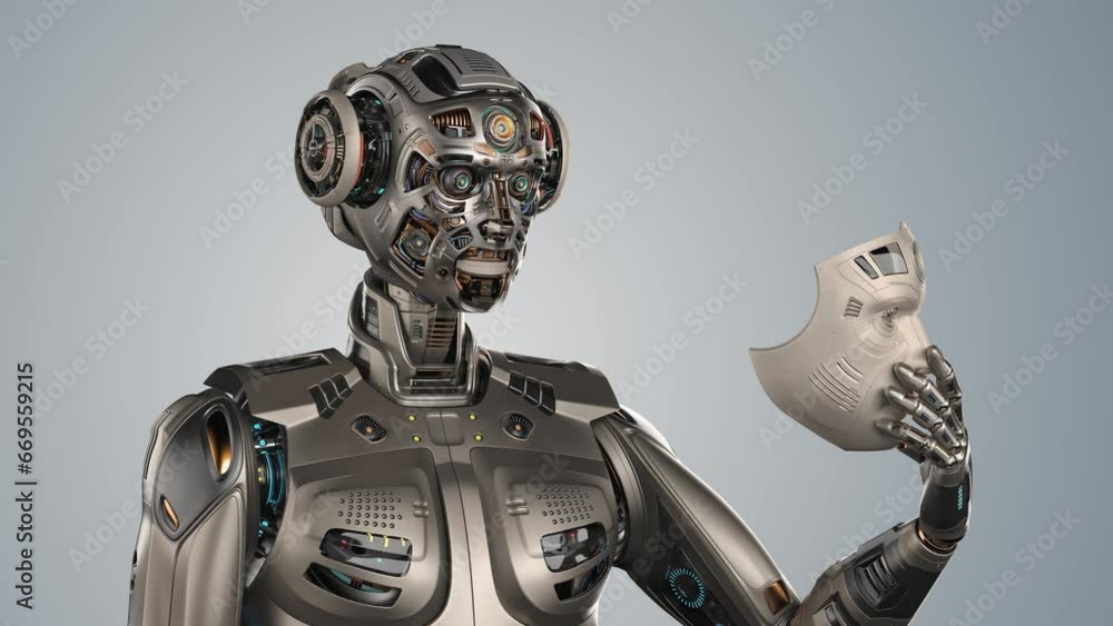 Poster detailed futuristic robot man or humanoid cyborg removes his face mask showing vey complex mechanism