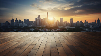Obraz premium photo taken of the floor with the skyline at sunrise in the background