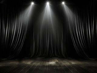 Stage theater curtain with spotlights and wooden floor. Generative AI