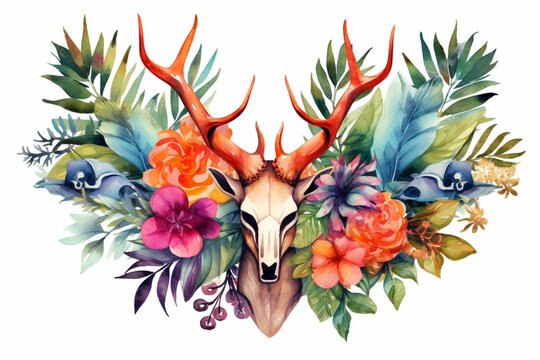 Elegant composition featuring a golden frame adorned with watercolor deer antlers, vibrant tropical leaves, and soothing floral illustrations. Generative AI