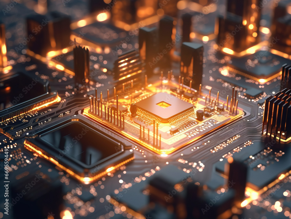 Poster closeup of a modern electronic circuit board. generative ai