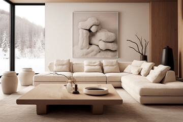 Fototapeta na wymiar Design of modern living room. Warm and cozy composition of Scandinavian interior