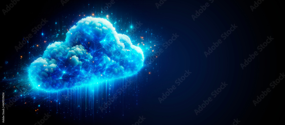 Poster Cloud computing technology concept on blue background with copyspace. Generative AI