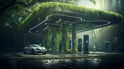 Electric car charging station. Sustainable Transportation and Charging Solutions for a Greener World, Sustainable development and responsible environmental, Energy sources renewable, Ecology concept.