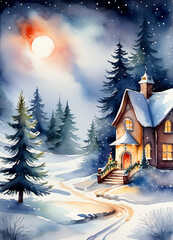 Watercolor Christmas winter illustration greetings card background