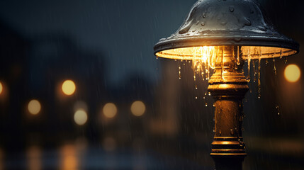 A single street lamp stands against a backdrop of rain, its light creating a halo of light around it