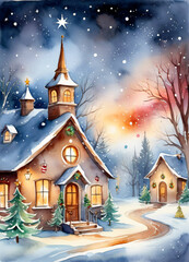 Fototapeta premium Watercolor Christmas winter illustration greetings card background