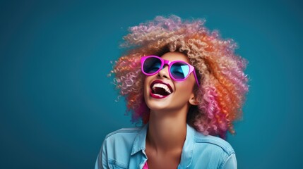 Beauty African American girl with afro blond hair laughing, happy and funny woman laughing wearing colorful fashion glasses, Generative AI - obrazy, fototapety, plakaty