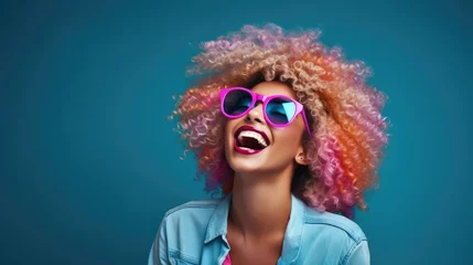 Fotobehang Beauty African American girl with afro blond hair laughing, happy and funny woman laughing wearing colorful fashion glasses, Generative AI © khwanchai