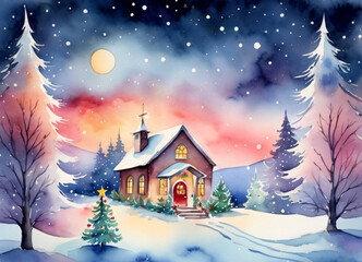 Naklejka premium Watercolor Christmas winter illustration greetings card background