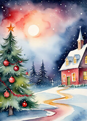 Fototapeta na wymiar Watercolor Christmas winter illustration greetings card background