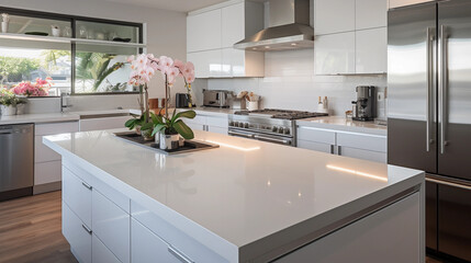 A modern, minimalist kitchen with sleek white countertops and stainless steel appliances