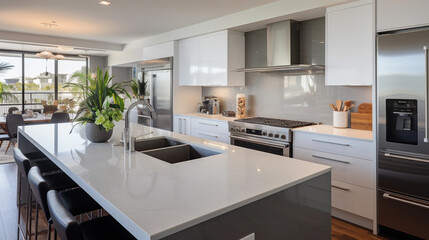 A modern, minimalist kitchen with sleek white countertops and stainless steel appliances