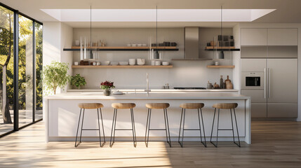 A modern, minimalist kitchen with sleek white countertops and stainless steel appliances