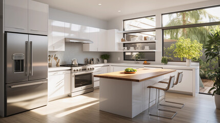 Fototapeta na wymiar A modern, minimalist kitchen with sleek white countertops and stainless steel appliances