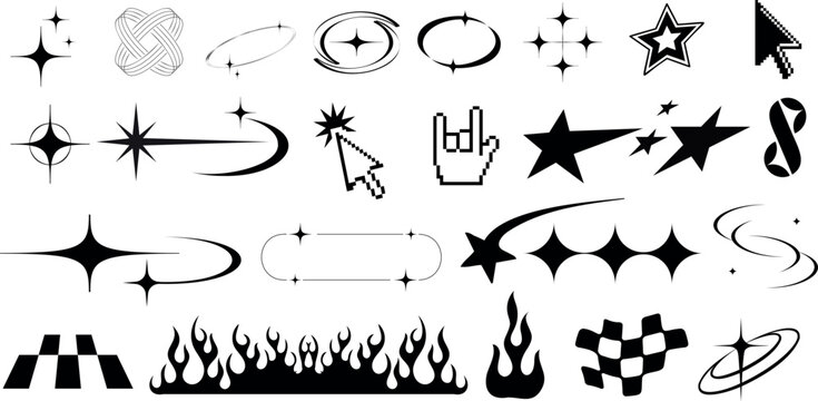 Y2K element vector illustration, trendy elements. Icons are arrows, stars, flames, checkered racing flags, planet, comet, cursor, peace sign, banner, shooting star, UFO. Retro vintage 90s, 2000s style