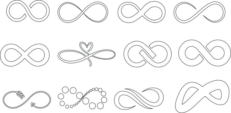 Infinity, line, vector, illustration, set, black and white, abstract, modern, logo, branding, design projects, simple, clean, complex, endless loop, infinite knot, icon, symbol, style variation, monoc