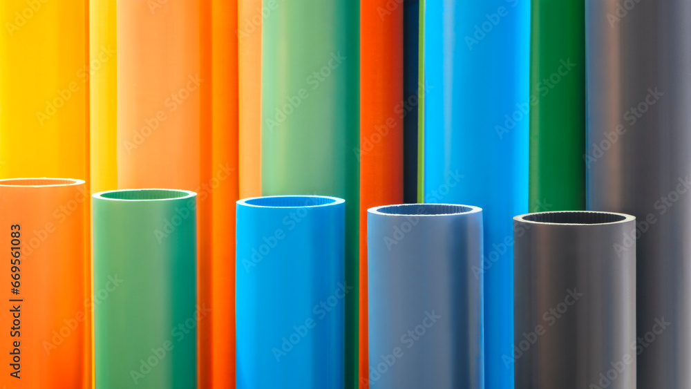 Poster abstract multicolor background made of plastic pipes as background, template or web banner