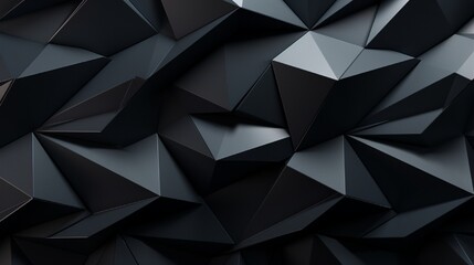 Fototapeta premium Black geometric abstract background features a complex structure of sharp triangles and dark matte facets for professional web design.