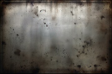 Aged metallic background with reflective surface and distressed vintage stains, featuring a scratched grey plate design. Generative AI - obrazy, fototapety, plakaty