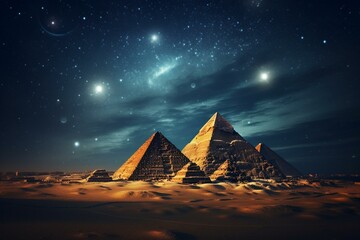 Giza pyramids shining at night. Generative AI