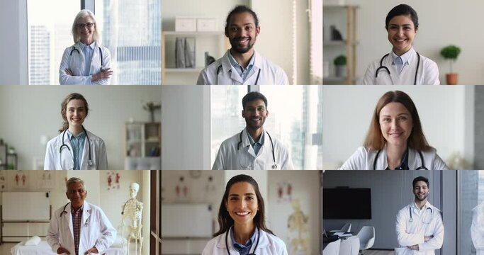Group of different race and age doctors in uniform look at camera, head shot. Collage of young and mature multinational physicians professional posing in clinic office. Medicine, insurance, telehealth