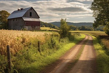 Scenic rural path with barn. Generative AI