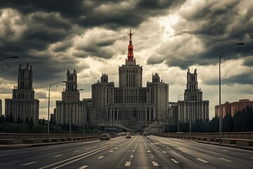 Fototapeta na wymiar Modernistic cityscape with imposing Soviet structures under the cloudy sky. Generative AI