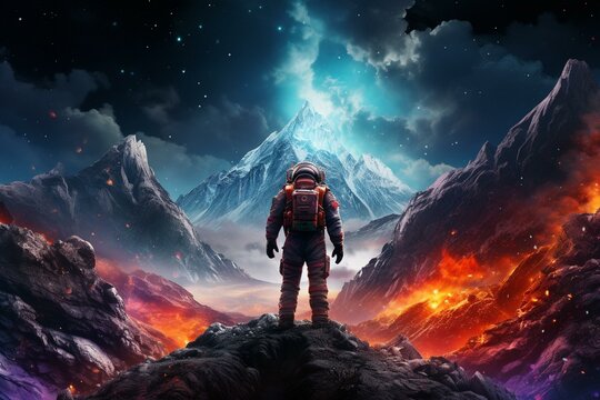 Astronaut explores space amidst stunning backdrop of mountain landscape, spaceship, and vibrant nebula. Generative AI