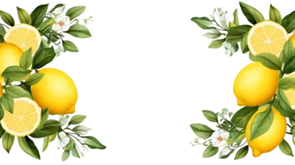 Foto op Plexiglas A vibrant frame of juicy lemons, watercolor on white background, intricate details of the citrus texture and the verdant foliage. © mashimara