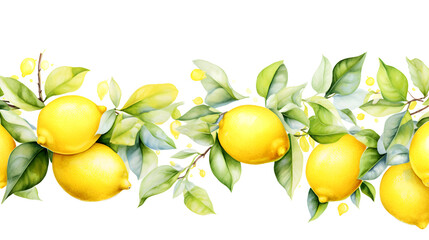 A vibrant border of juicy lemons, watercolor on white background, intricate details of the citrus texture and the verdant foliage.