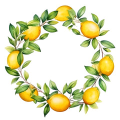 A vibrant frame of juicy lemons, watercolor on white background, intricate details of the citrus texture and the verdant foliage.