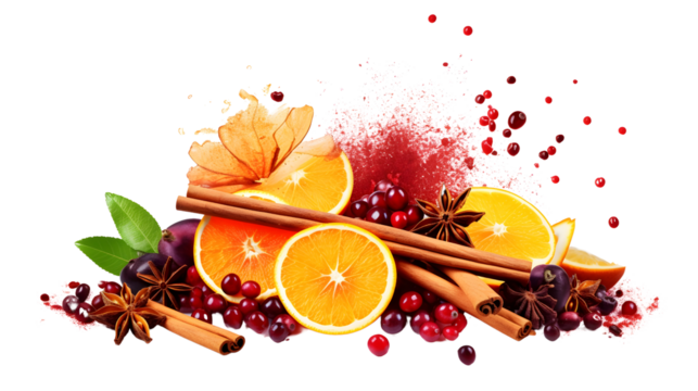 Ingredients for the traditional Christmas hot drink, mulled wine, isolated on white background