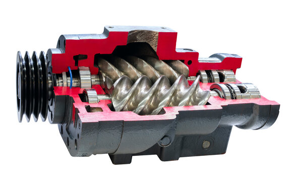 Screw type high pressure compressor prepared pumpfor pumping of water, fuel, oil and oil or chemical products, closeup details. industrial concept