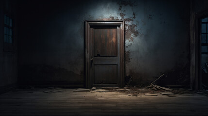 A single door stands in an old, worn-down hallway, its metal frame illuminated only by a faint sliver of moonlight