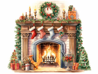 Cozy Watercolor Fireplace Illustration on white